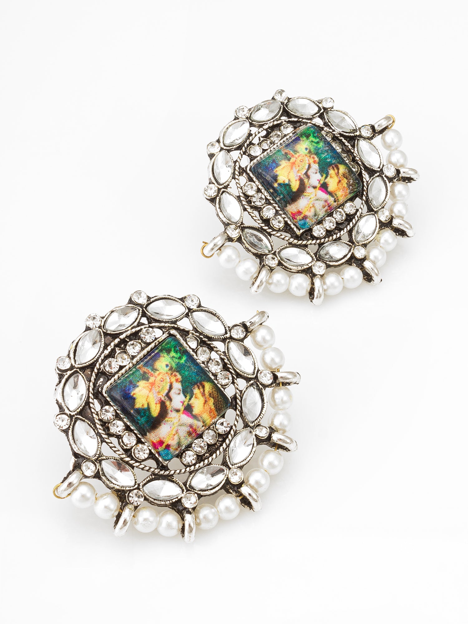 Aadita Silver Plated Radha Krishna Kundan Stud Earrings