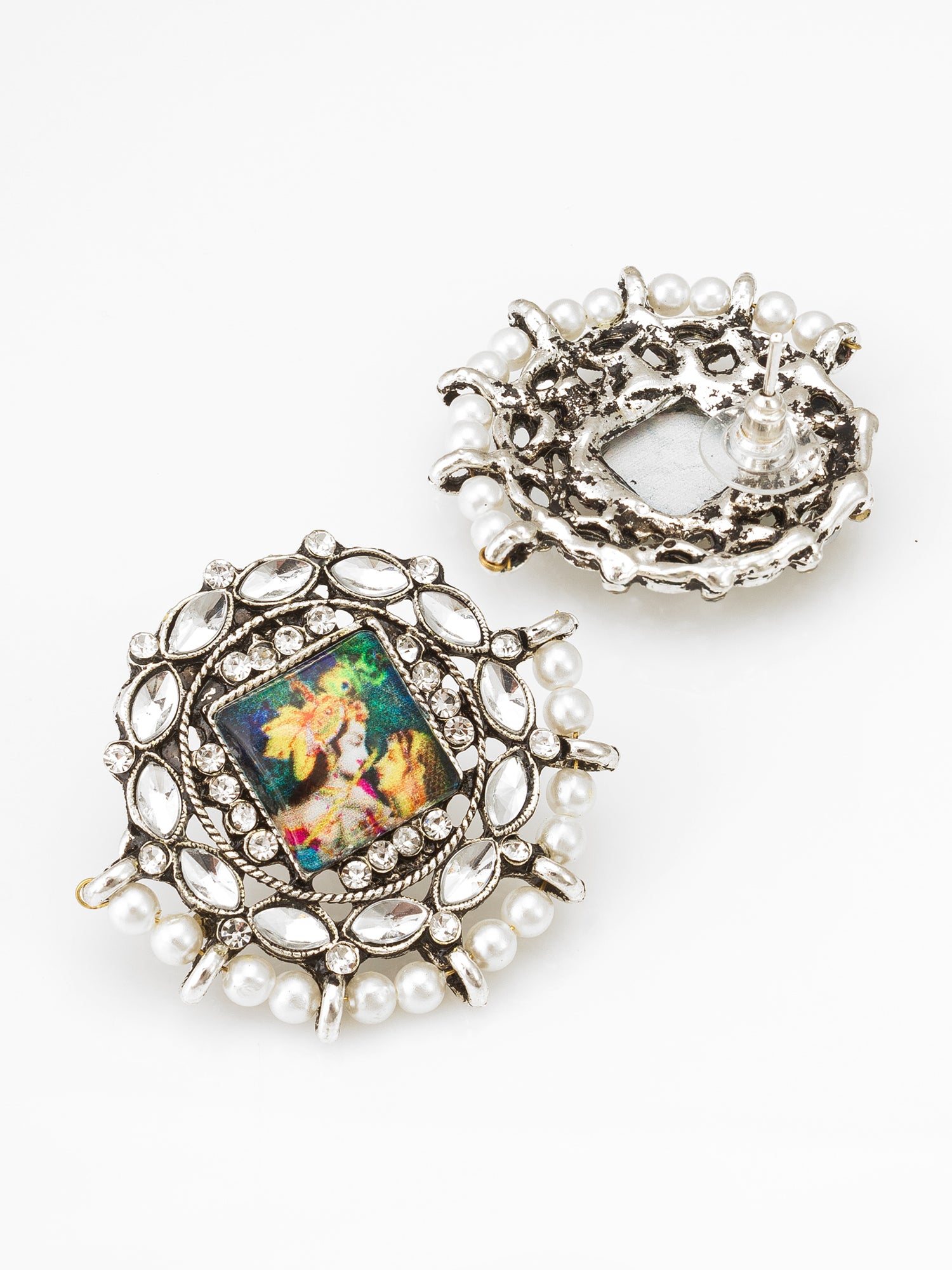 Aadita Silver Plated Radha Krishna Kundan Stud Earrings