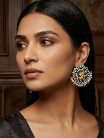 Aadita Silver Plated Radha Krishna Kundan Stud Earrings