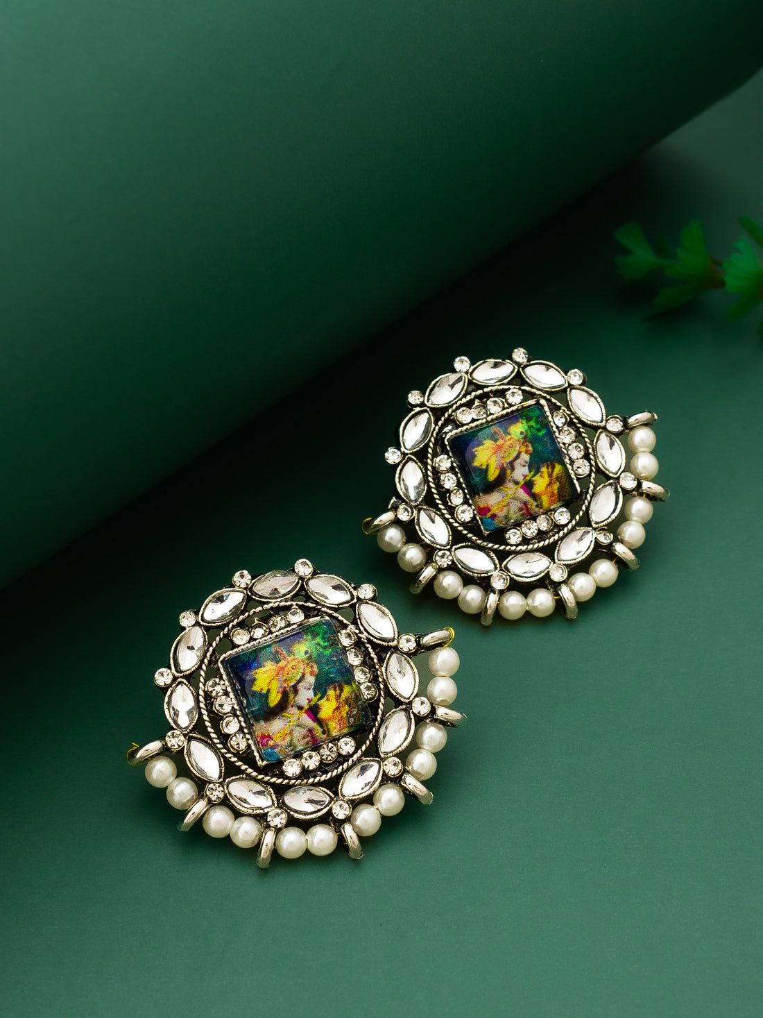 Aadita Silver Plated Radha Krishna Kundan Stud Earrings