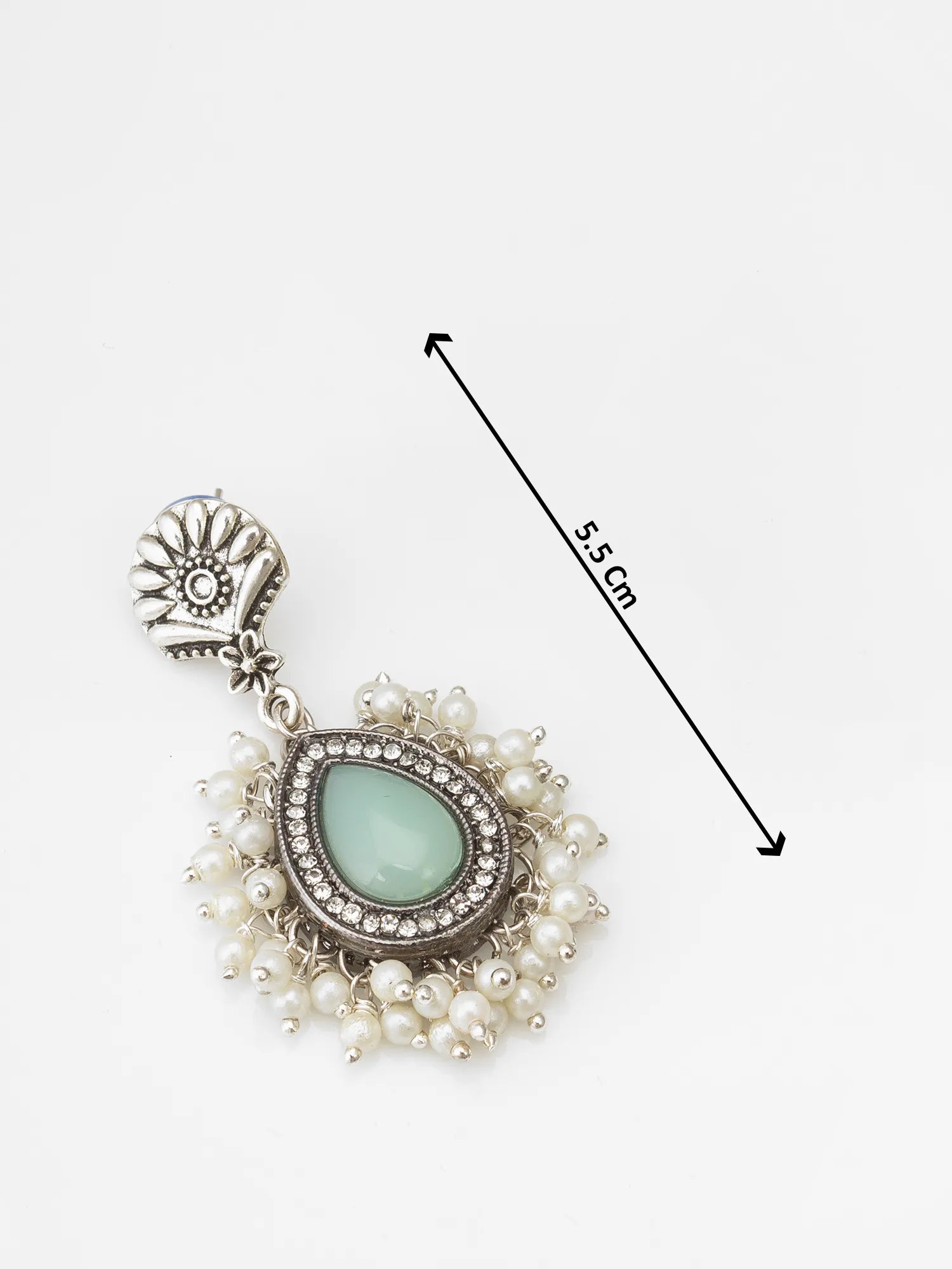 Oxidized Silver Earrings with Mint Stone and Pearl Cluster With Size
