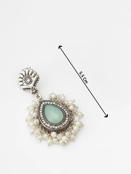 Oxidized Silver Earrings with Mint Stone and Pearl Cluster With Size