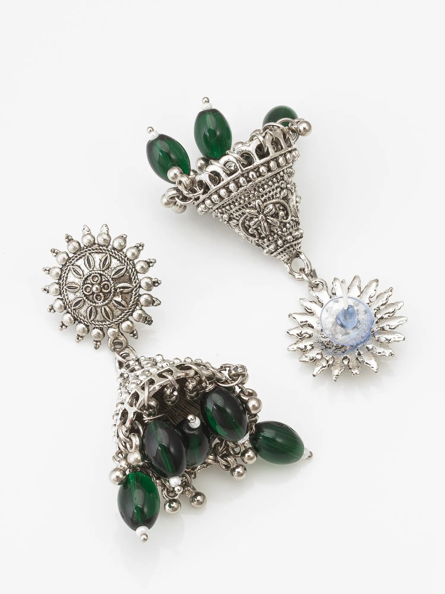 Jhumka Earrings With Green Bead Drops