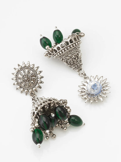 Jhumka Earrings With Green Bead Drops