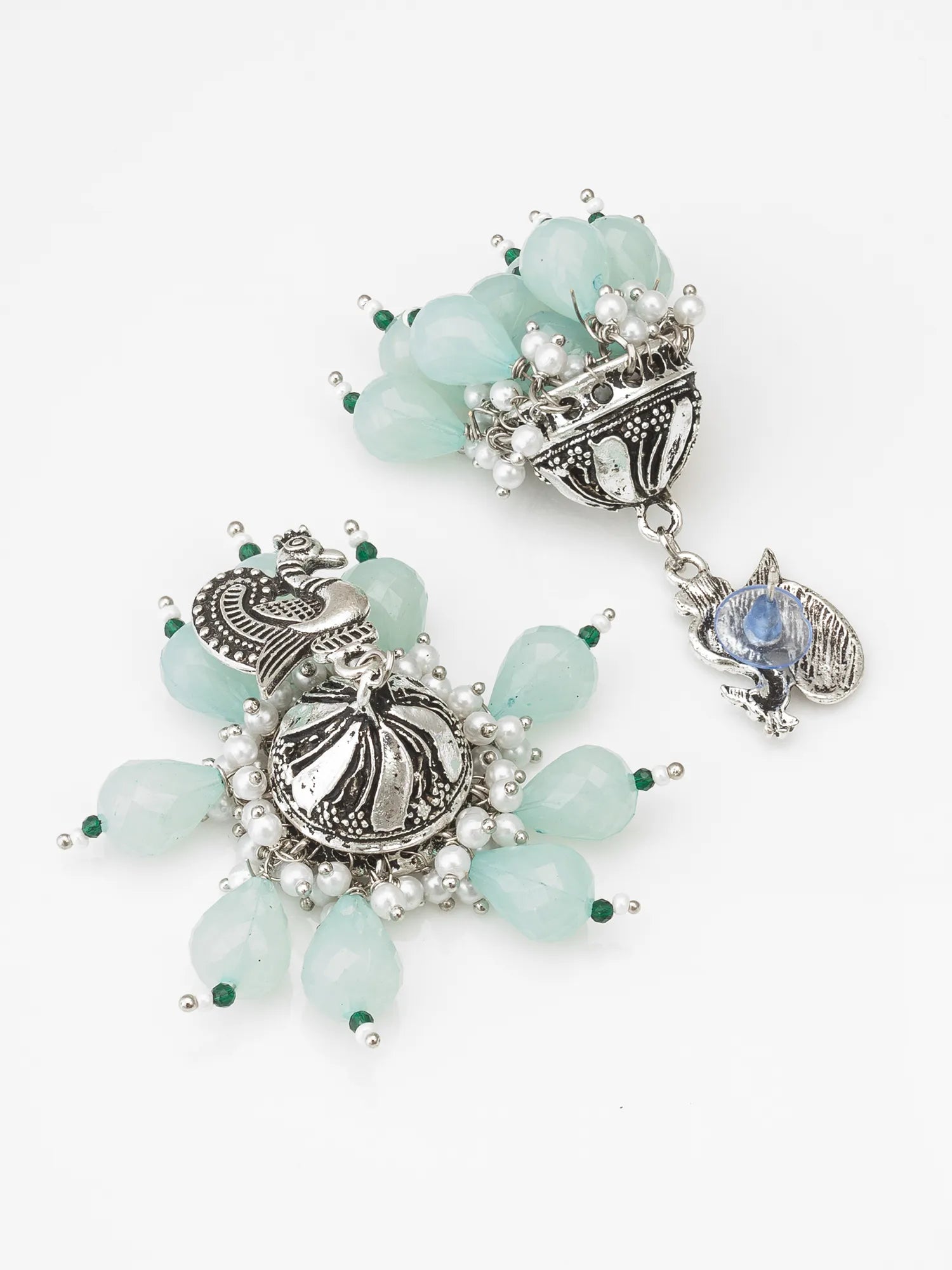 Mint Green Peacock Oxidized Jhumka Earrings