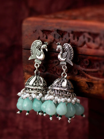 Mint Green Oxidized Jhumka Earrings