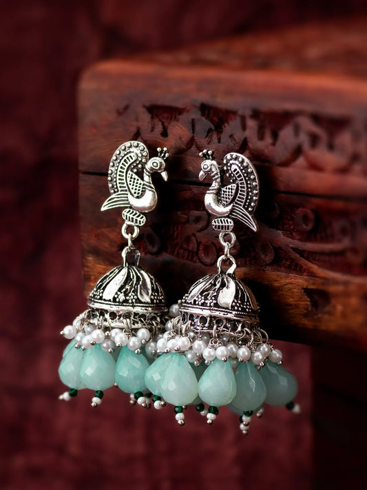 Mint Green Oxidized Jhumka Earrings