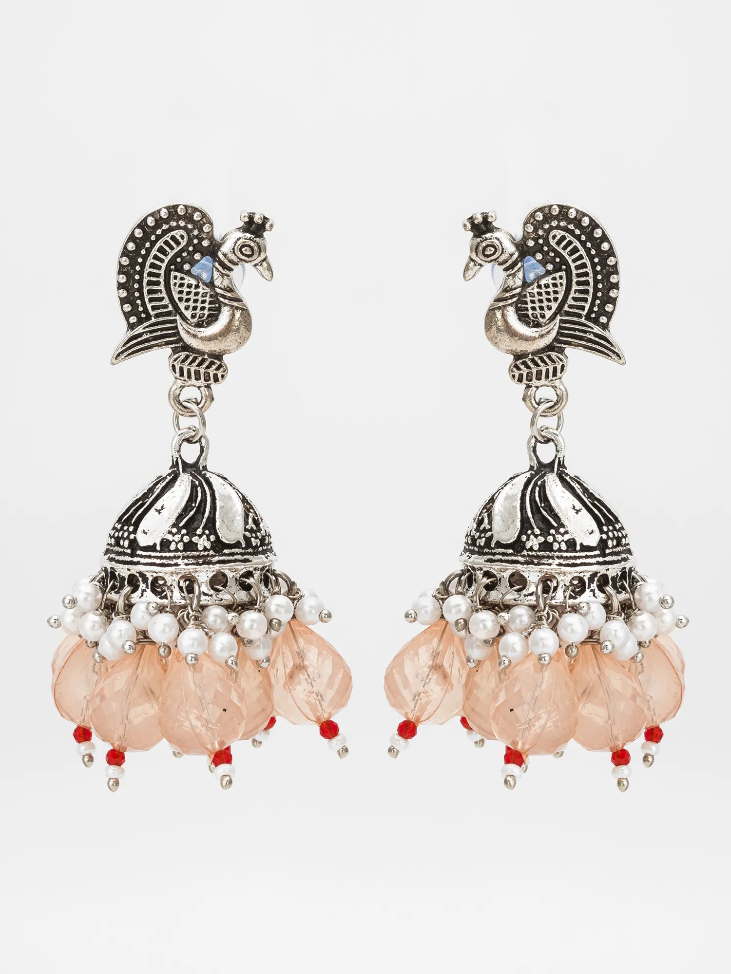 Oxidized Silver Jhumka Earrings On A White Background
