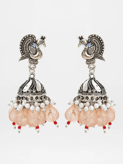 Oxidized Silver Jhumka Earrings On A White Background