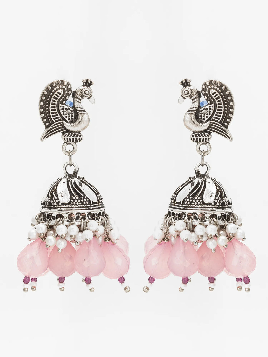  Oxidized Peacock Jhumka Earrings On A Background
