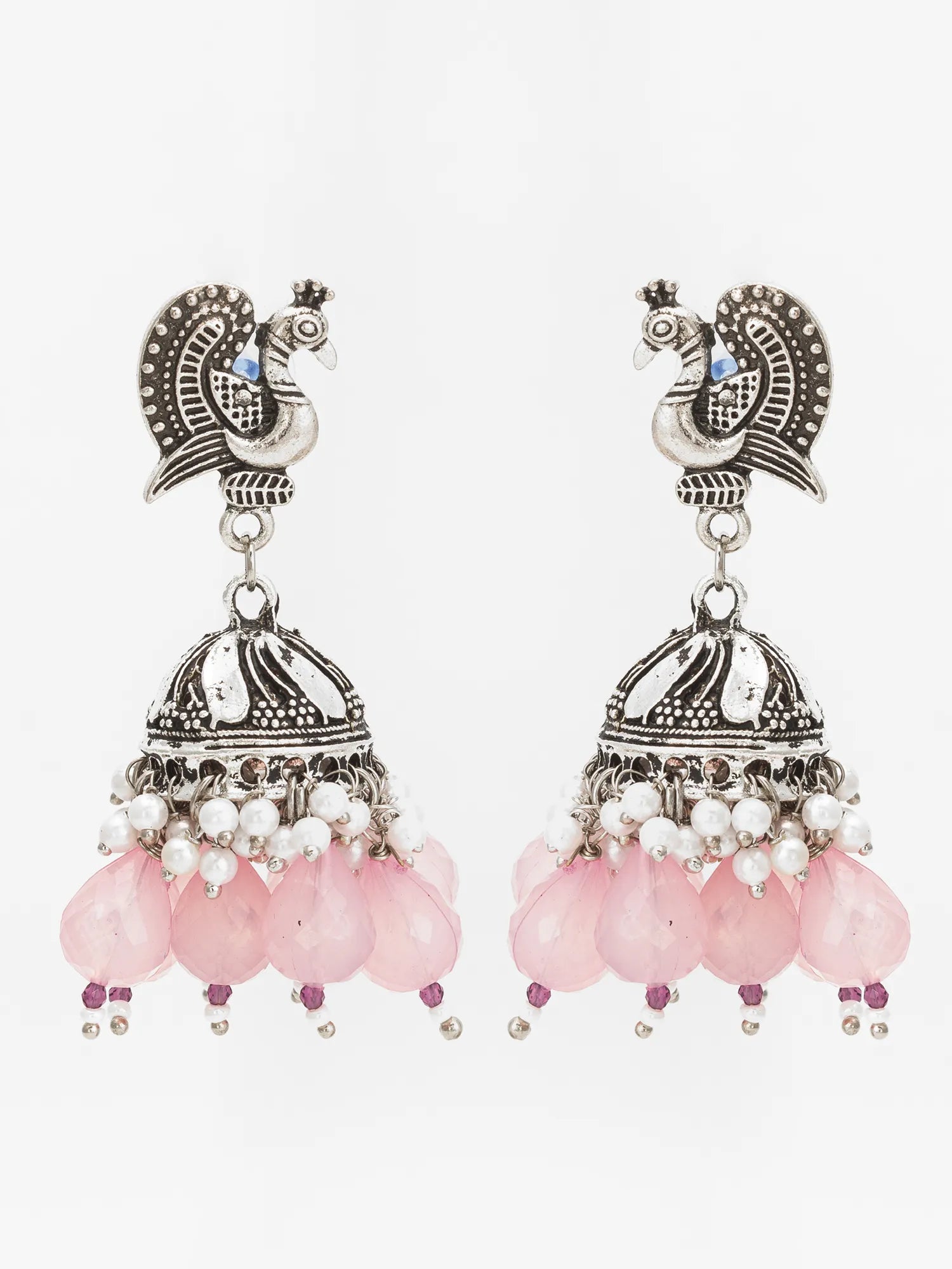  Oxidized Peacock Jhumka Earrings On A White Background