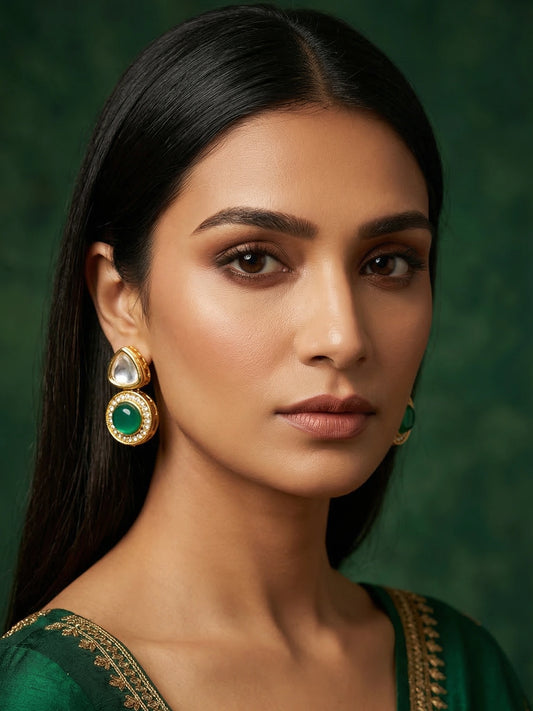 Aadita Gold Plated Green Stone Kundan Drop Earrings