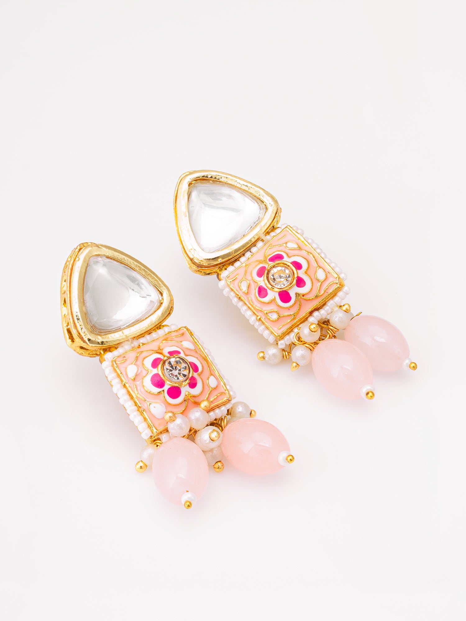 Aadita Gold Plated Pink Meenakari Kundan Drop Earrings
