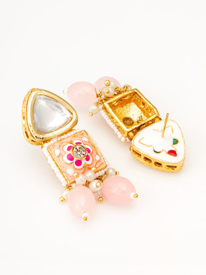 Aadita Gold Plated Pink Meenakari Kundan Drop Earrings