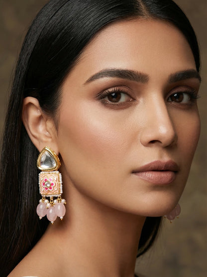 Aadita Gold Plated Pink Meenakari Kundan Drop Earrings