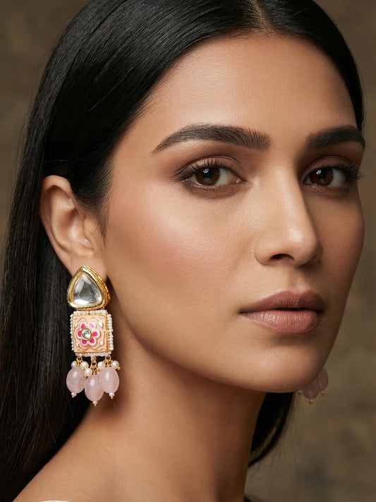 Aadita Gold Plated Pink Meenakari Kundan Drop Earrings