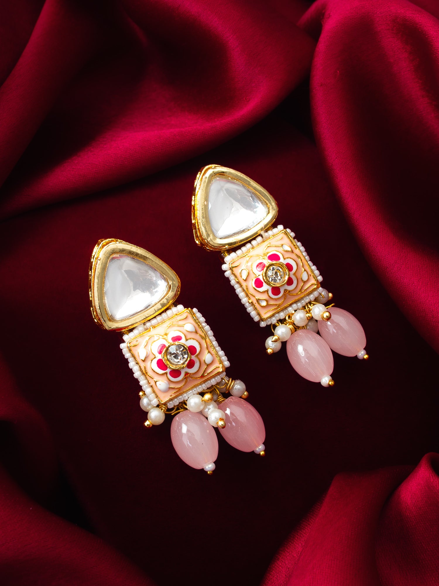 Aadita Gold Plated Pink Meenakari Kundan Drop Earrings