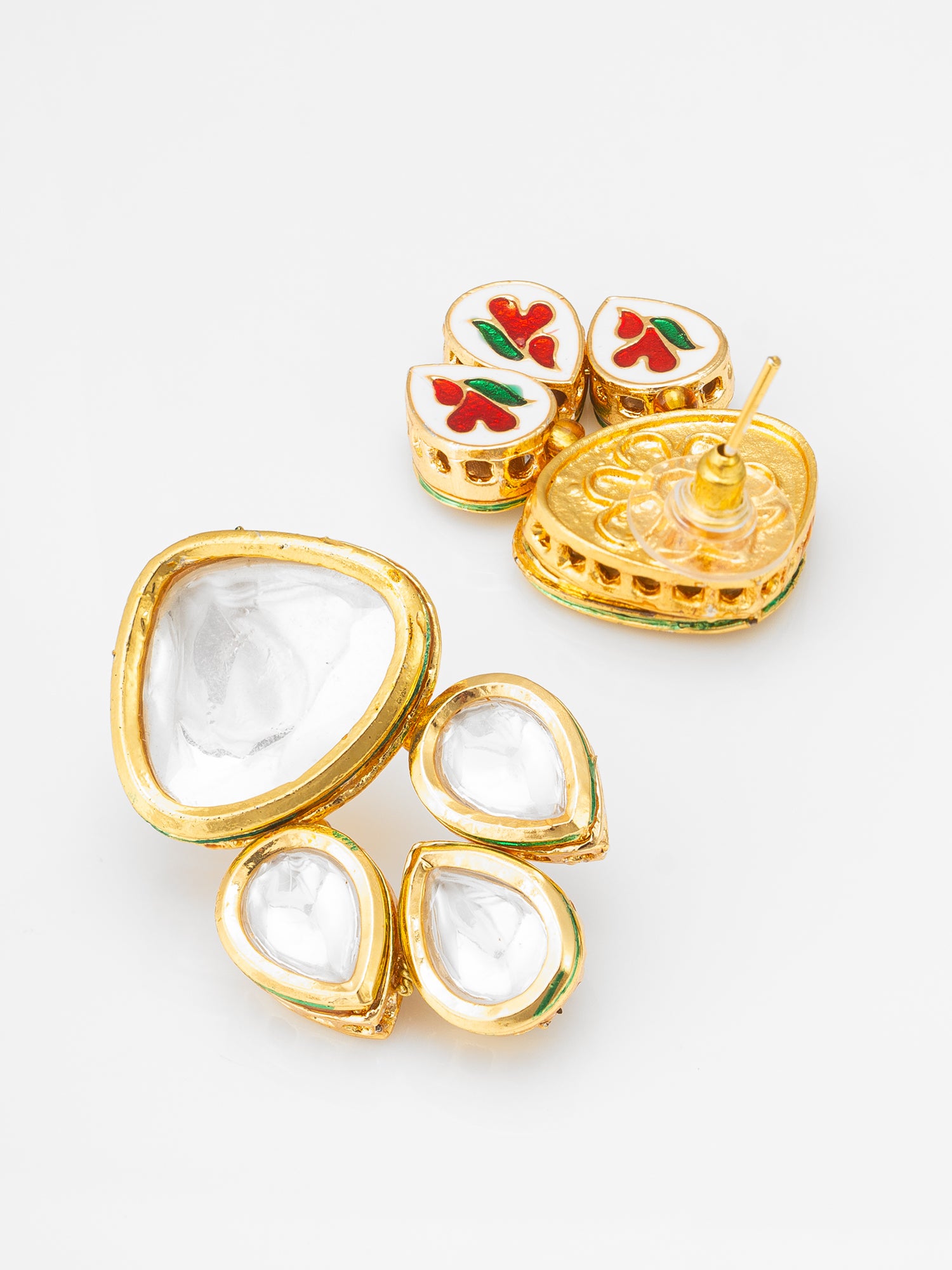 Aadita Polki Kundan Cluster Stud Earrings with Green Enamel Detailing