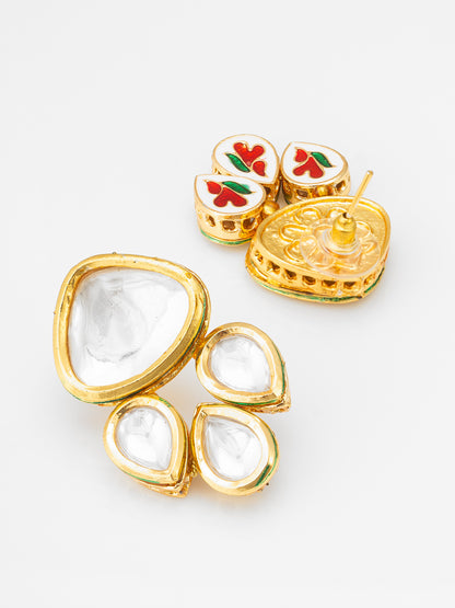 Aadita Polki Kundan Cluster Stud Earrings with Green Enamel Detailing