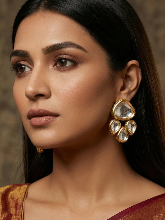Aadita Polki Kundan Cluster Stud Earrings with Green Enamel Detailing