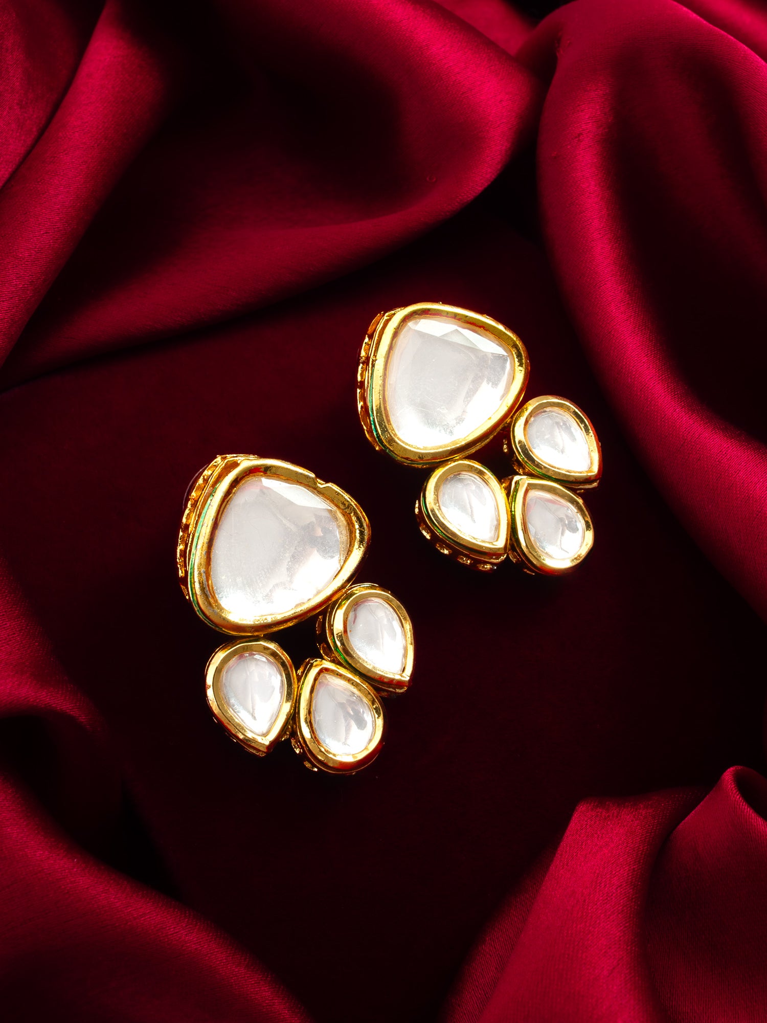 Aadita Polki Kundan Cluster Stud Earrings with Green Enamel Detailing