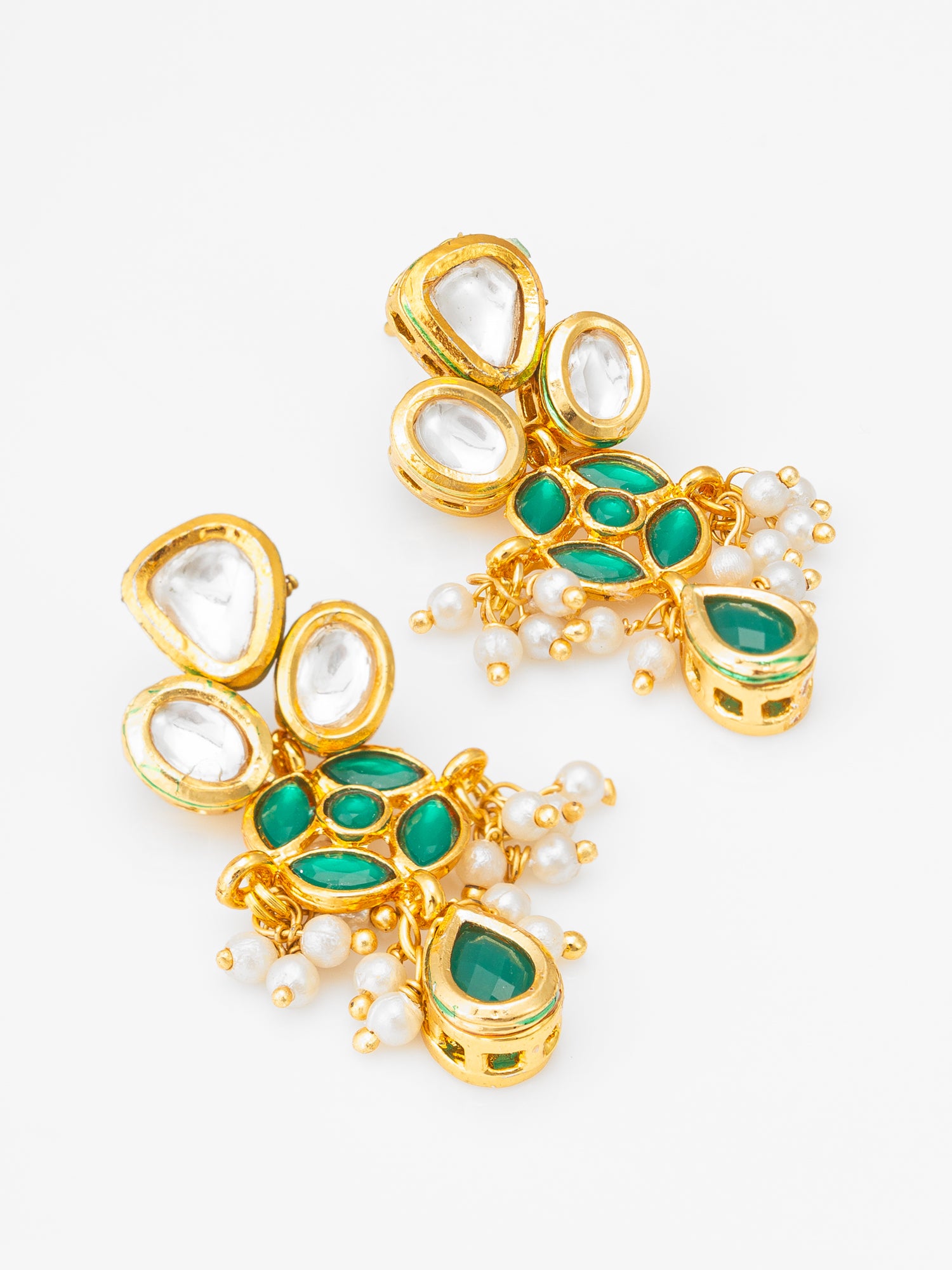 Aadita Kundan and Green Onyx Drop Earrings with Pearl Tassels
