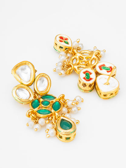 Aadita Kundan and Green Onyx Drop Earrings with Pearl Tassels