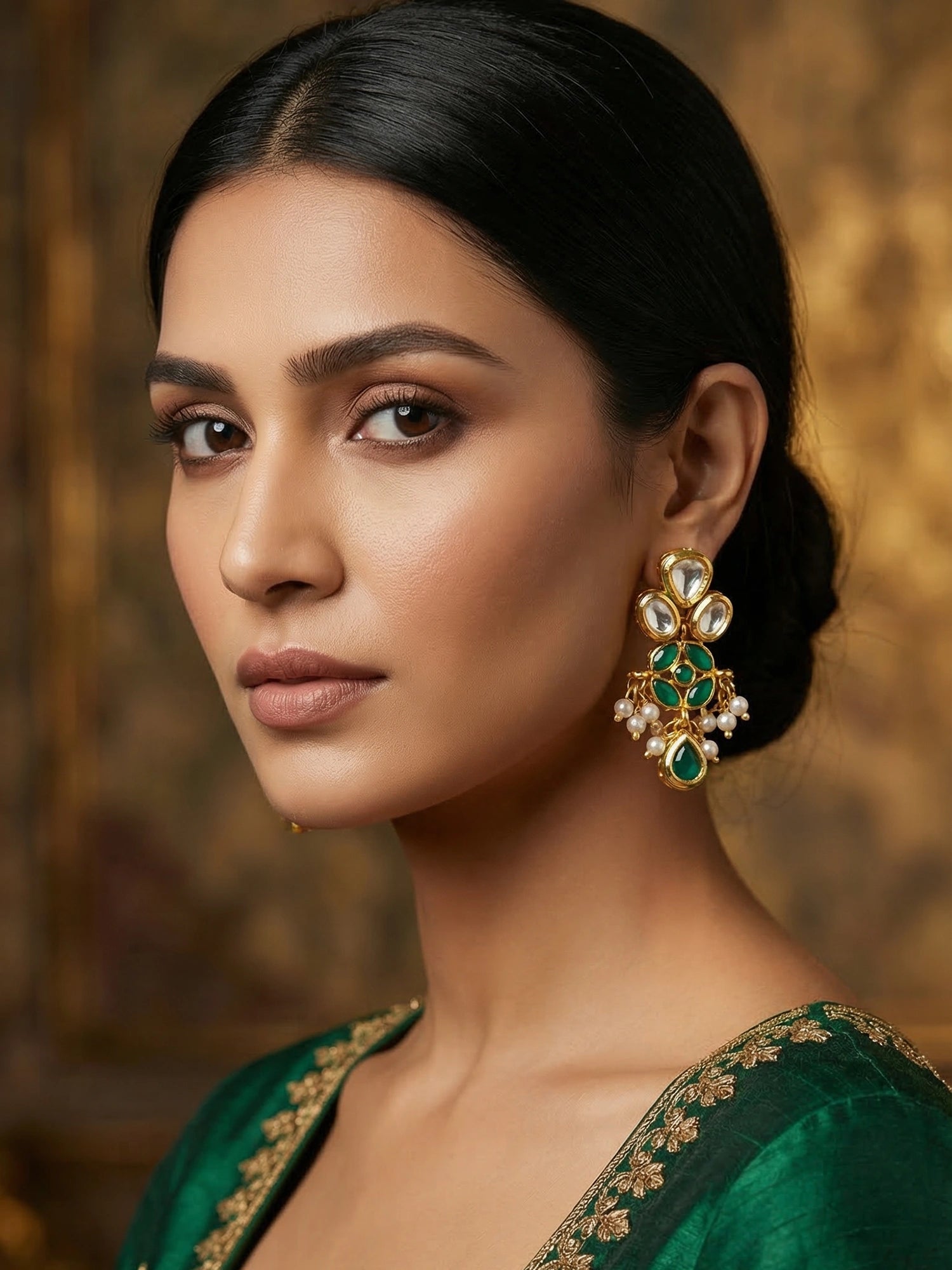 Aadita Kundan and Green Onyx Drop Earrings with Pearl Tassels