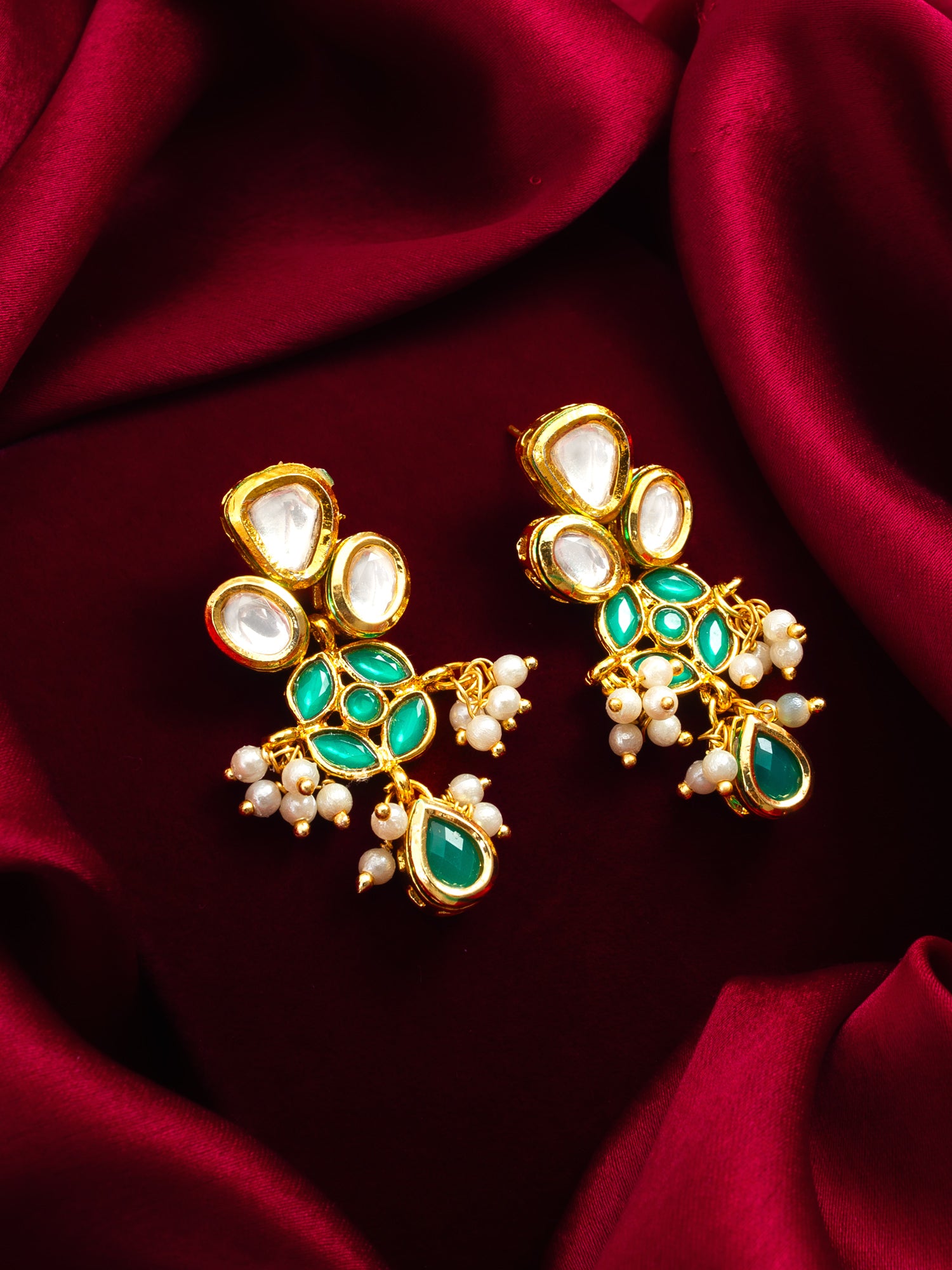 Aadita Kundan and Green Onyx Drop Earrings with Pearl Tassels
