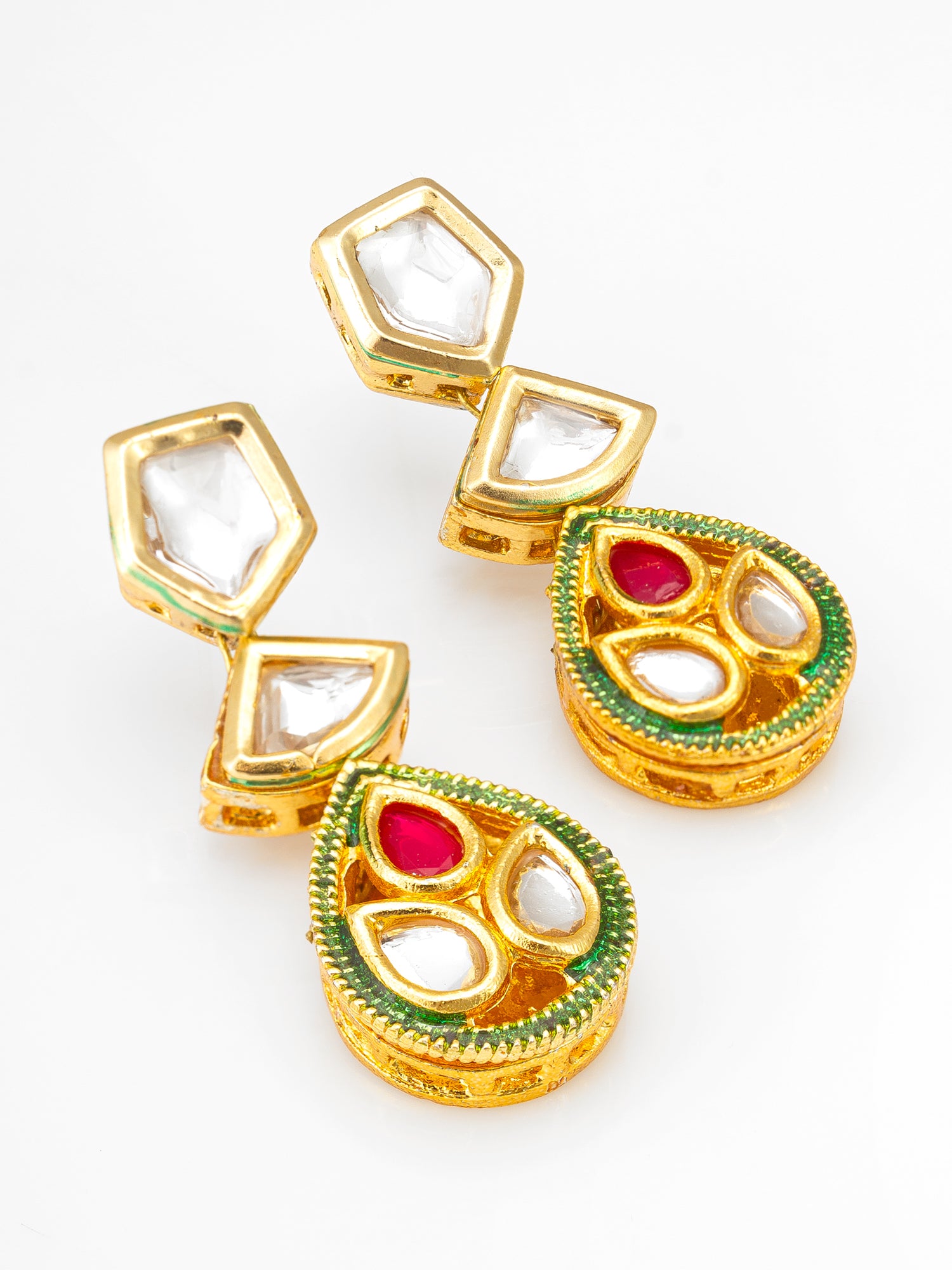 Aadita Geometric Kundan Drop Earrings with Ruby Stone and Green Meenakari