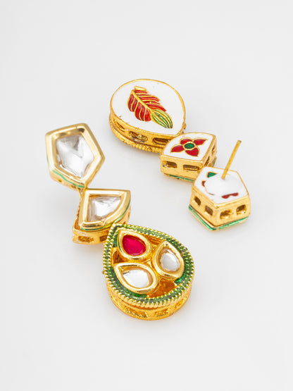 Aadita Geometric Kundan Drop Earrings with Ruby Stone and Green Meenakari
