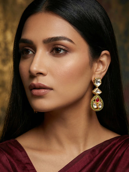 Aadita Geometric Kundan Drop Earrings with Ruby Stone and Green Meenakari
