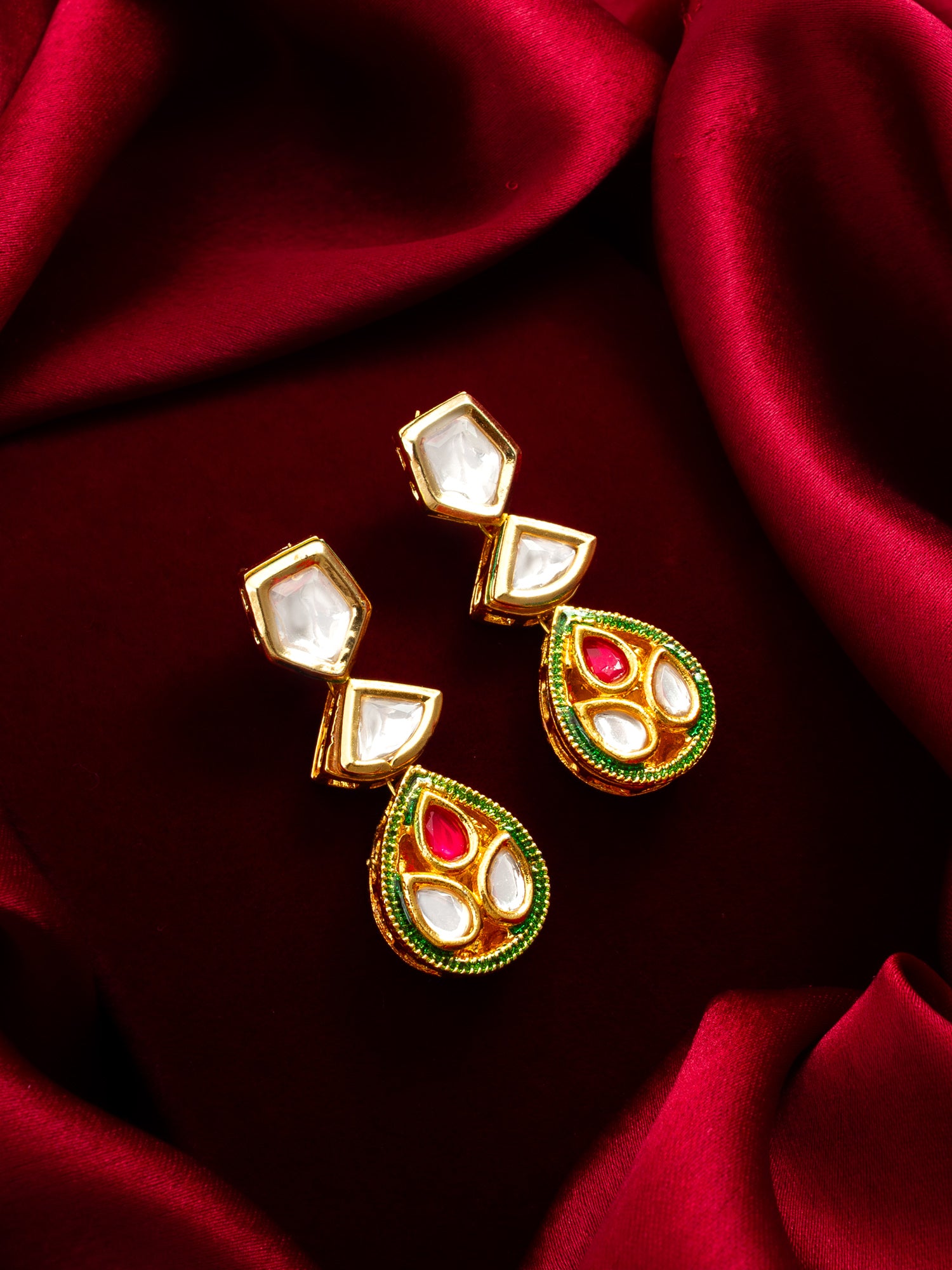 Aadita Geometric Kundan Drop Earrings with Ruby Stone and Green Meenakari