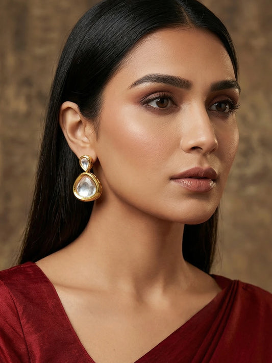 Aadita Gold Polki Kundan Double Teardrop Drop Earrings