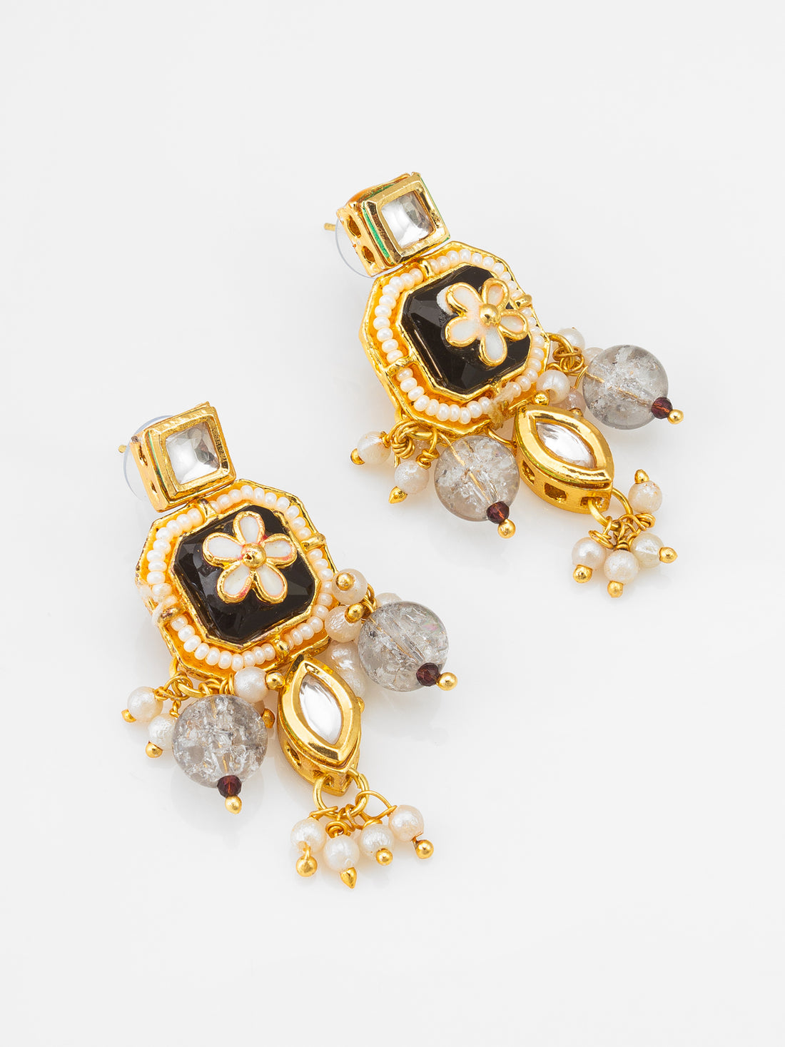 Gold Plated Kundan & Meenakari Drop Earrings with Pearl and Crystal Accents