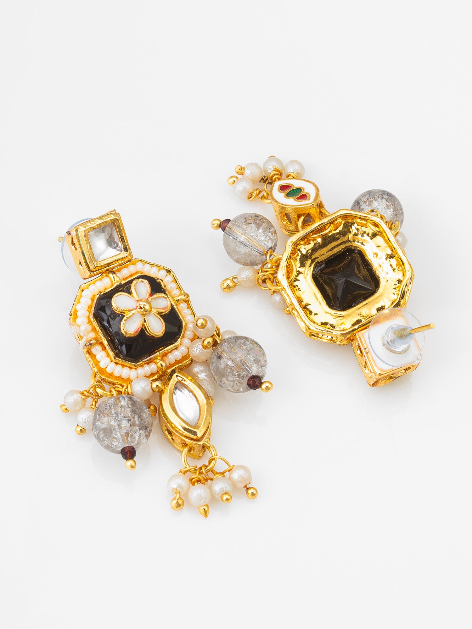 Gold Plated Kundan & Meenakari Drop Earrings with Pearl and Crystal Accents