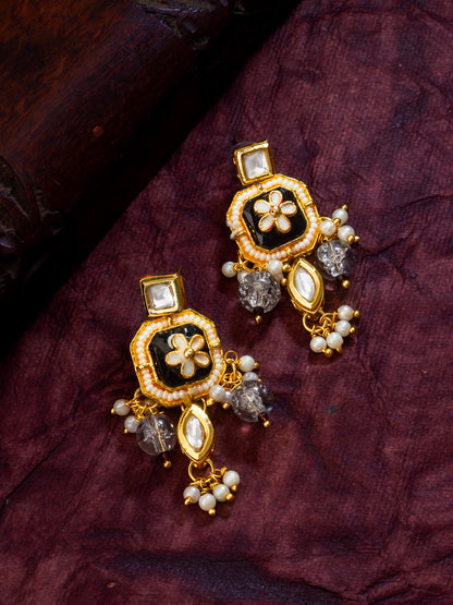 Gold Plated Kundan & Meenakari Drop Earrings with Pearl and Crystal Accents