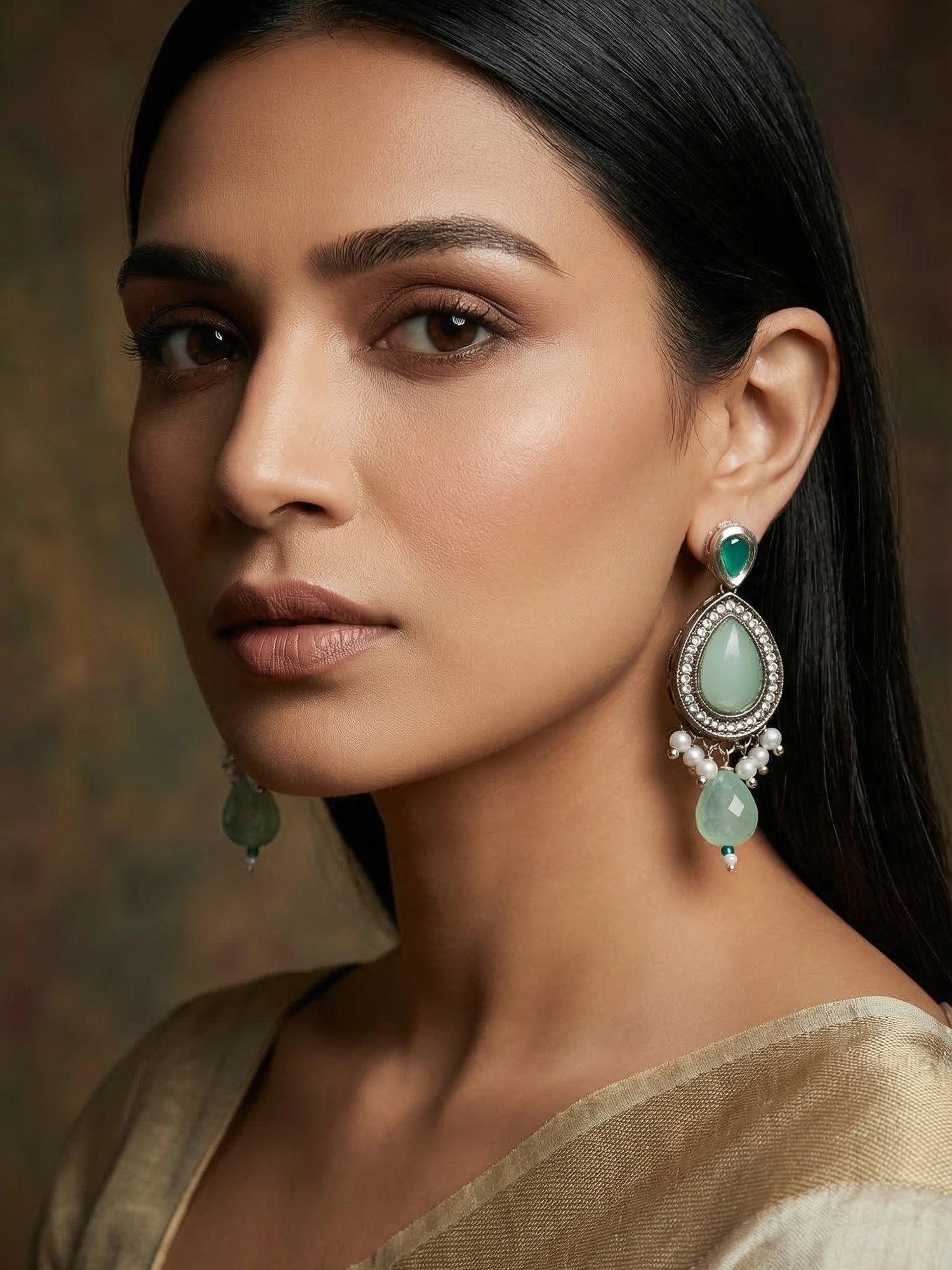 Aadita Oxidized Silver Mint Green Stone Drop Earrings with Crystal Halo and Pearl Dangles
