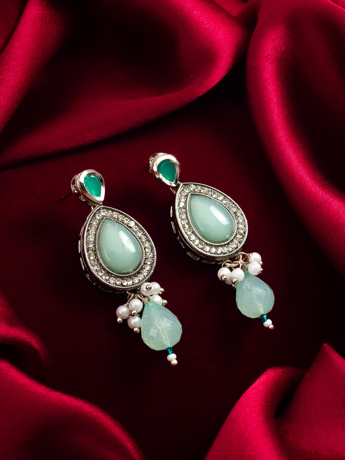 Aadita Oxidized Silver Mint Green Stone Drop Earrings with Crystal Halo and Pearl Dangles