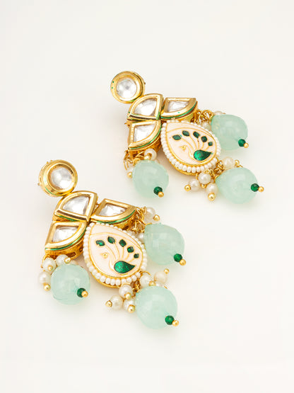 Aadita Gold Kundan Meenakari Peacock Chandelier Earrings with Mint Green Bead Dangles