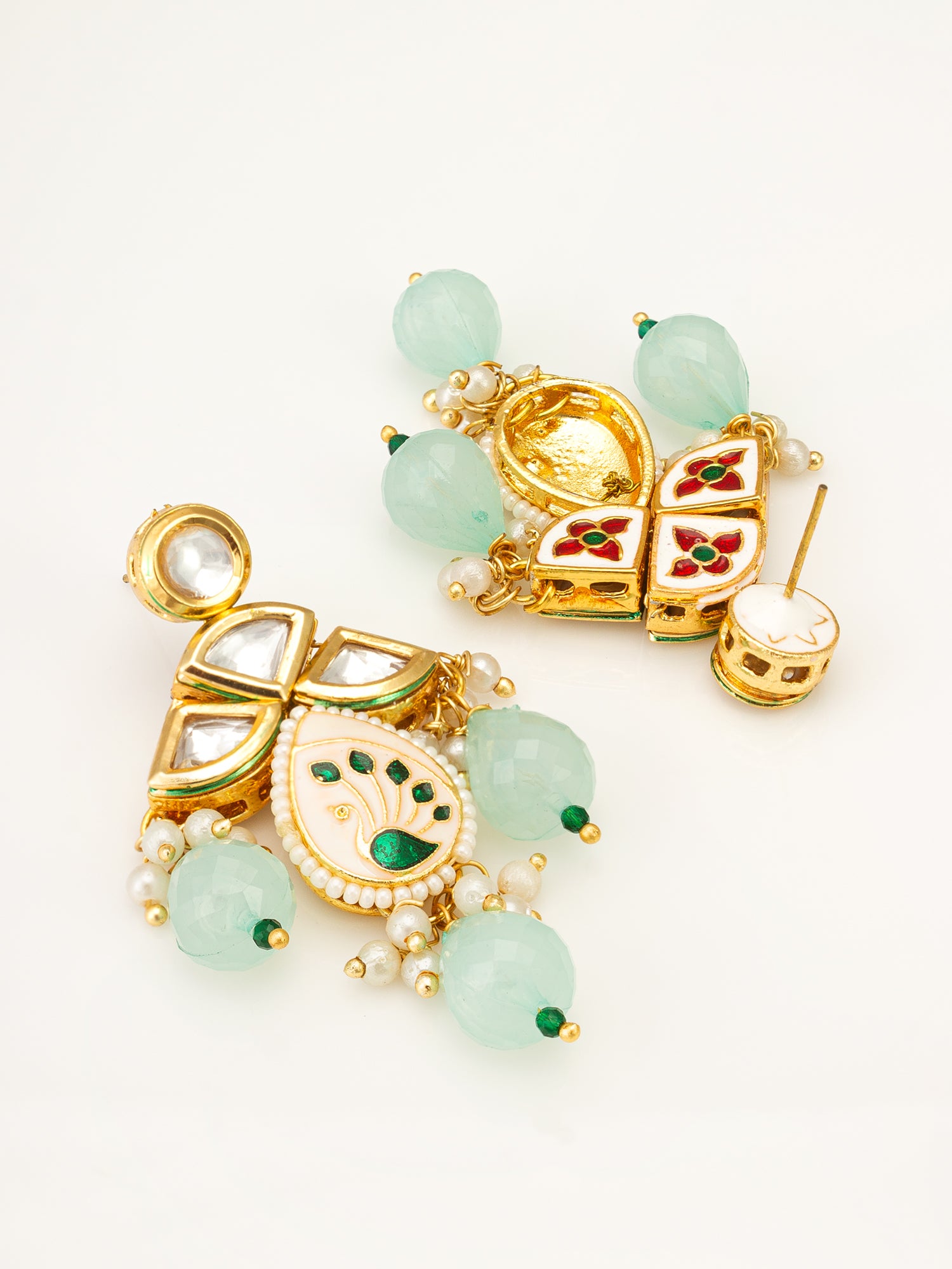 Aadita Gold Kundan Meenakari Peacock Chandelier Earrings with Mint Green Bead Dangles