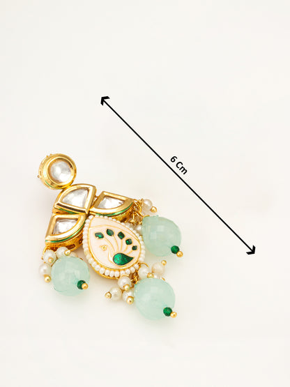 Aadita Gold Kundan Meenakari Peacock Chandelier Earrings with Mint Green Bead Dangles