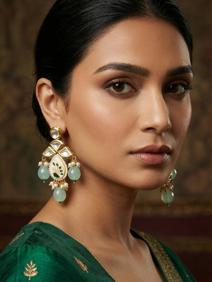 Aadita Gold Kundan Meenakari Peacock Chandelier Earrings with Mint Green Bead Dangles