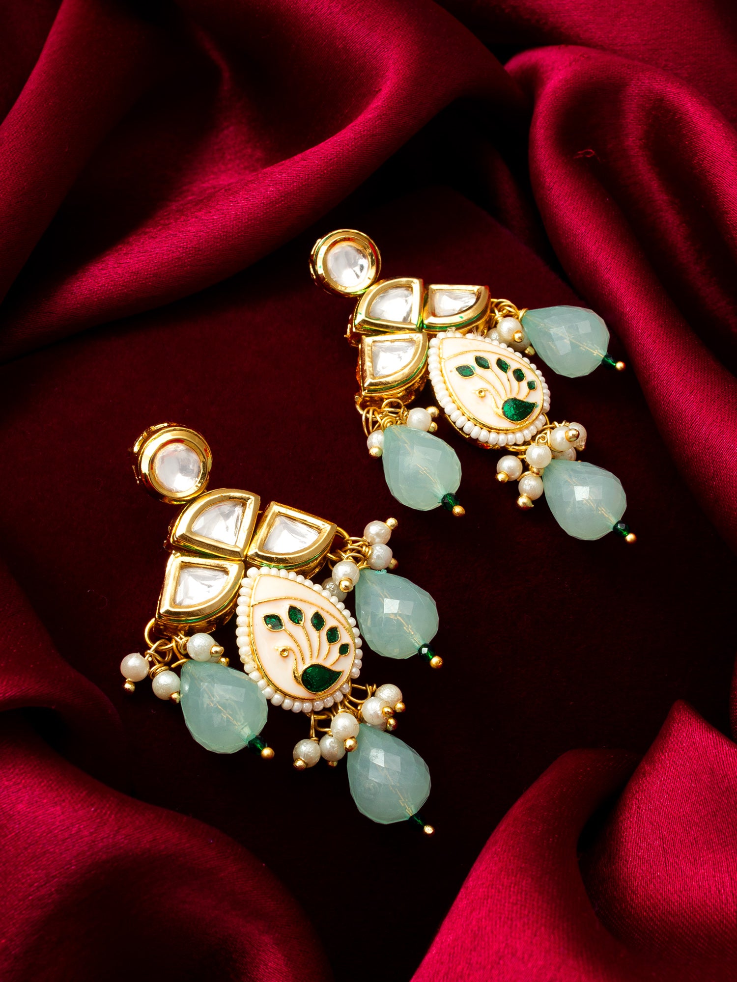 Aadita Gold Kundan Meenakari Peacock Chandelier Earrings with Mint Green Bead Dangles