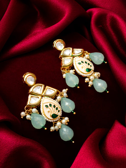 Aadita Gold Kundan Meenakari Peacock Chandelier Earrings with Mint Green Bead Dangles