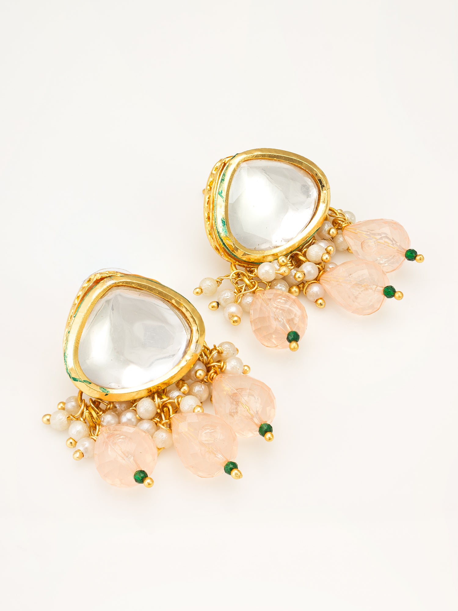 Aadita Gold Polki Kundan Stud Earrings with Peach Bead and Pearl Cluster Dangles