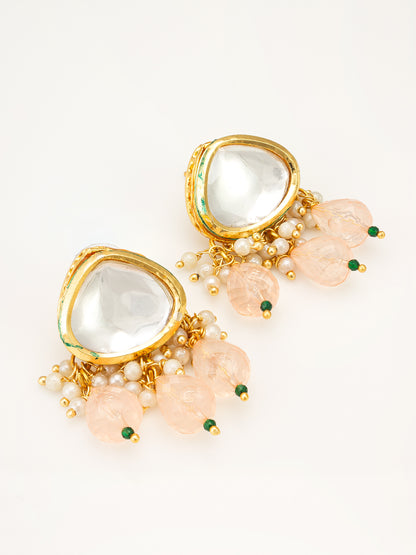 Aadita Gold Polki Kundan Stud Earrings with Peach Bead and Pearl Cluster Dangles