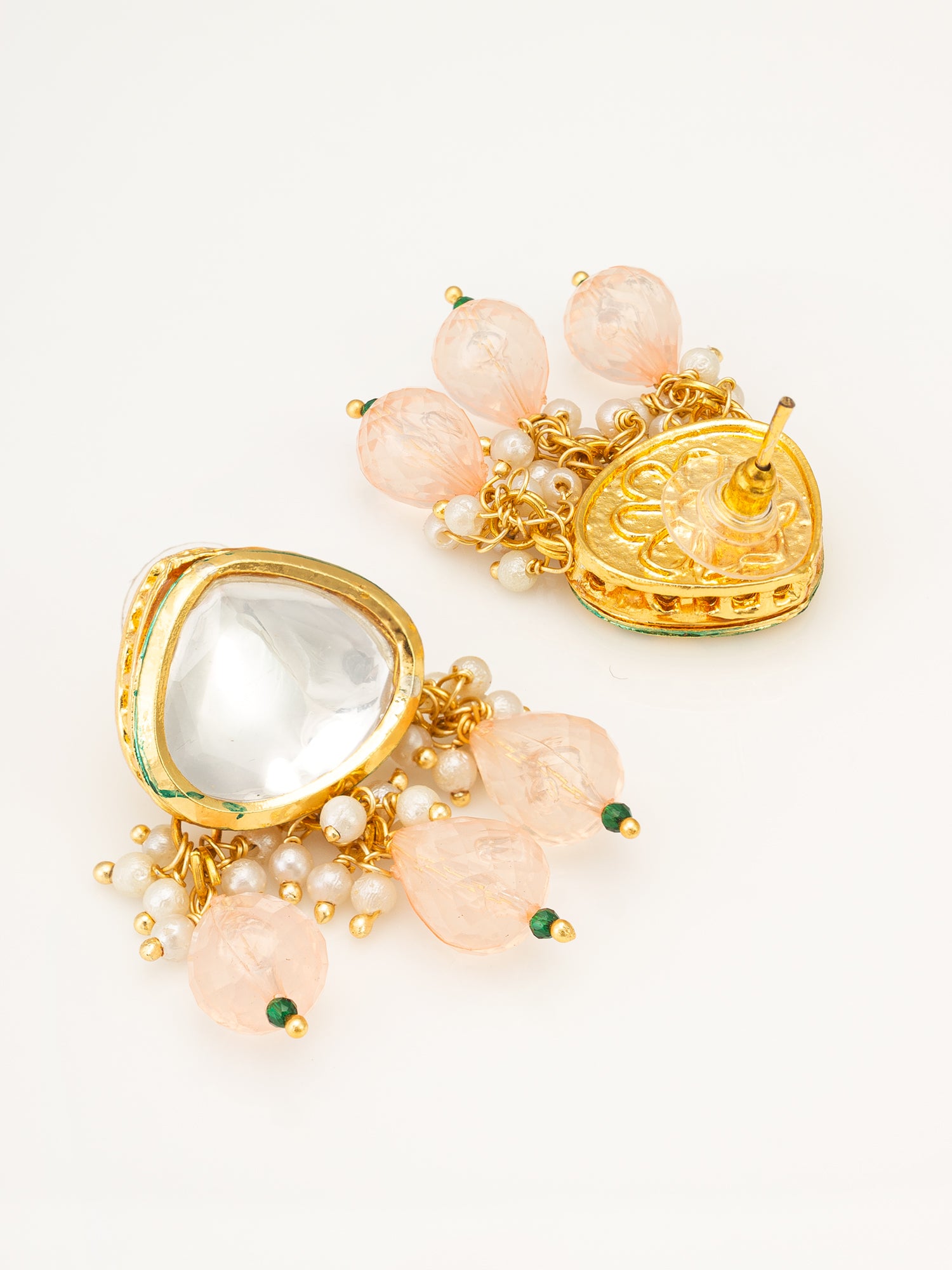 Aadita Gold Polki Kundan Stud Earrings with Peach Bead and Pearl Cluster Dangles