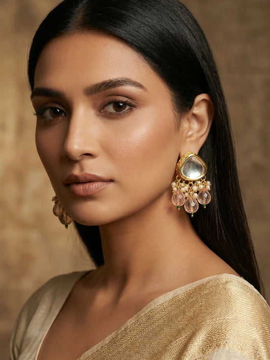 Aadita Gold Polki Kundan Stud Earrings with Peach Bead and Pearl Cluster Dangles