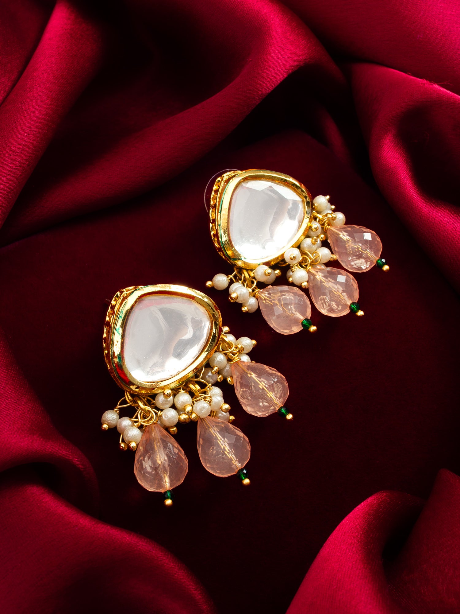 Aadita Gold Polki Kundan Stud Earrings with Peach Bead and Pearl Cluster Dangles